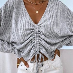 Gray V Neck Batwing Sleeve Drawstring Sweater